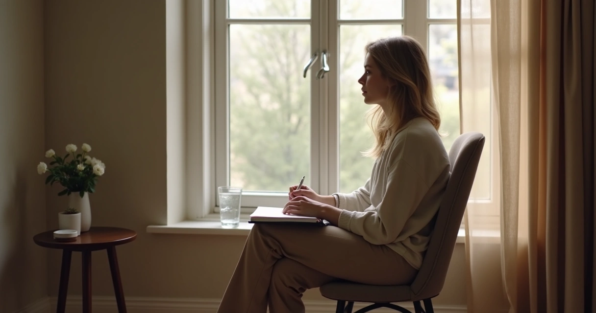 Person seated by a window writing in a journal