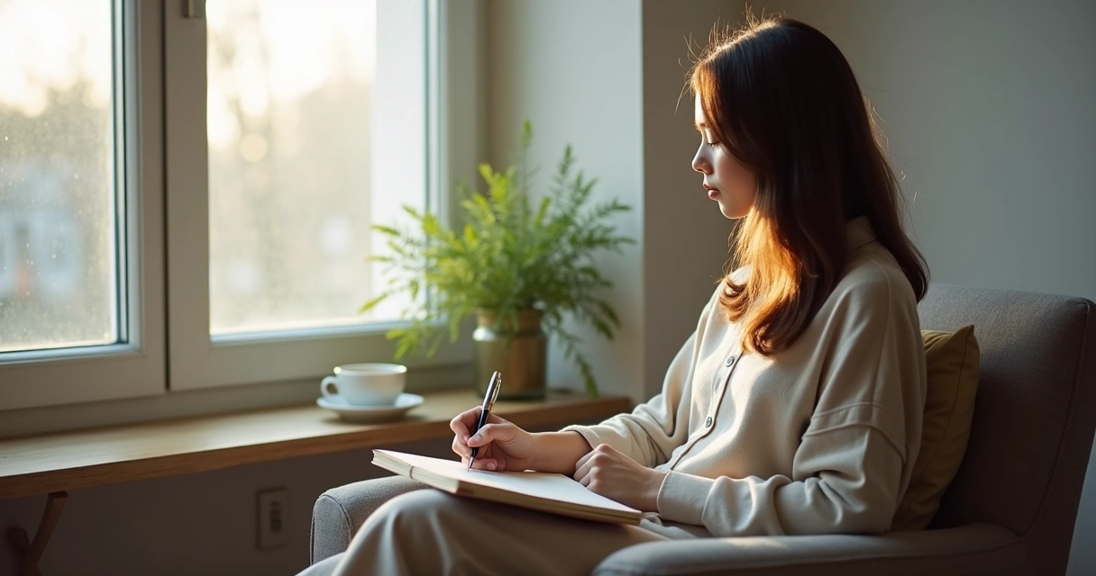 Person sitting by a window writing in a notebook