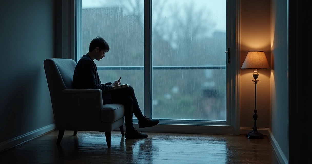 Person looking through a rainy window in soft light 