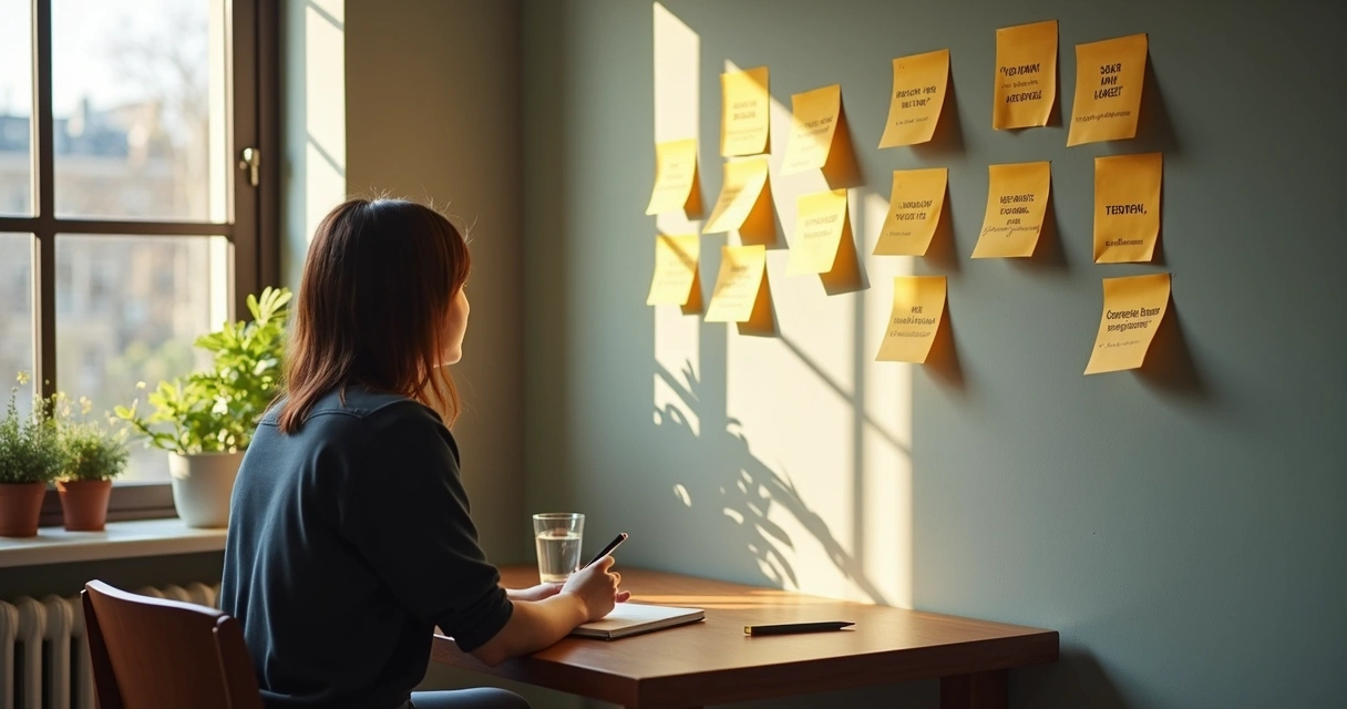 Person journaling by a window with connected notes and calm light 