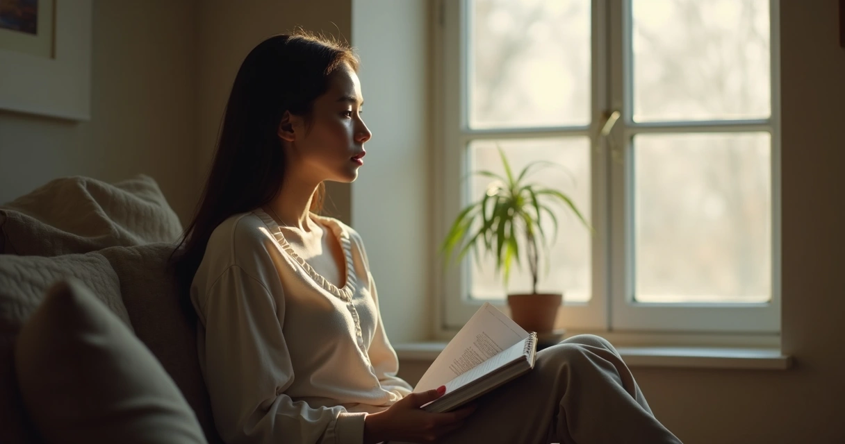 Person sitting quietly by a window reflecting with a notebook