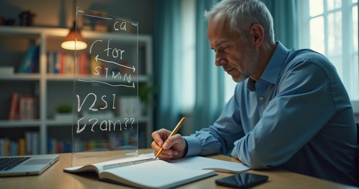 Person reflecting with notebook and layered thoughts on glass