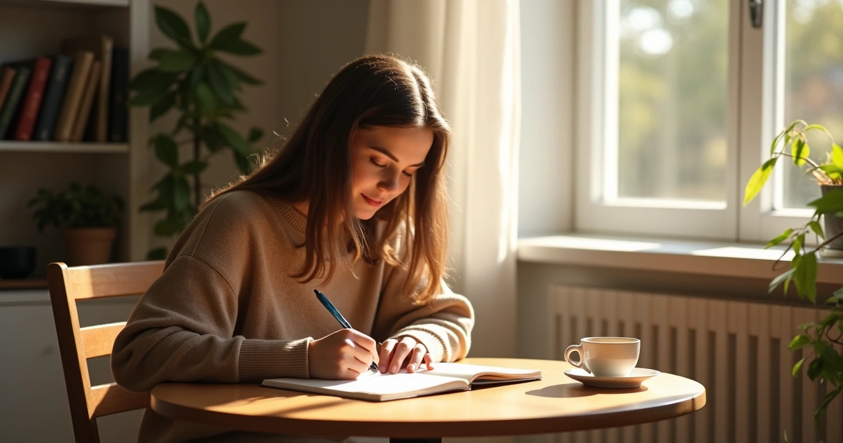 Person sitting quietly journaling thoughts in a bright room 
