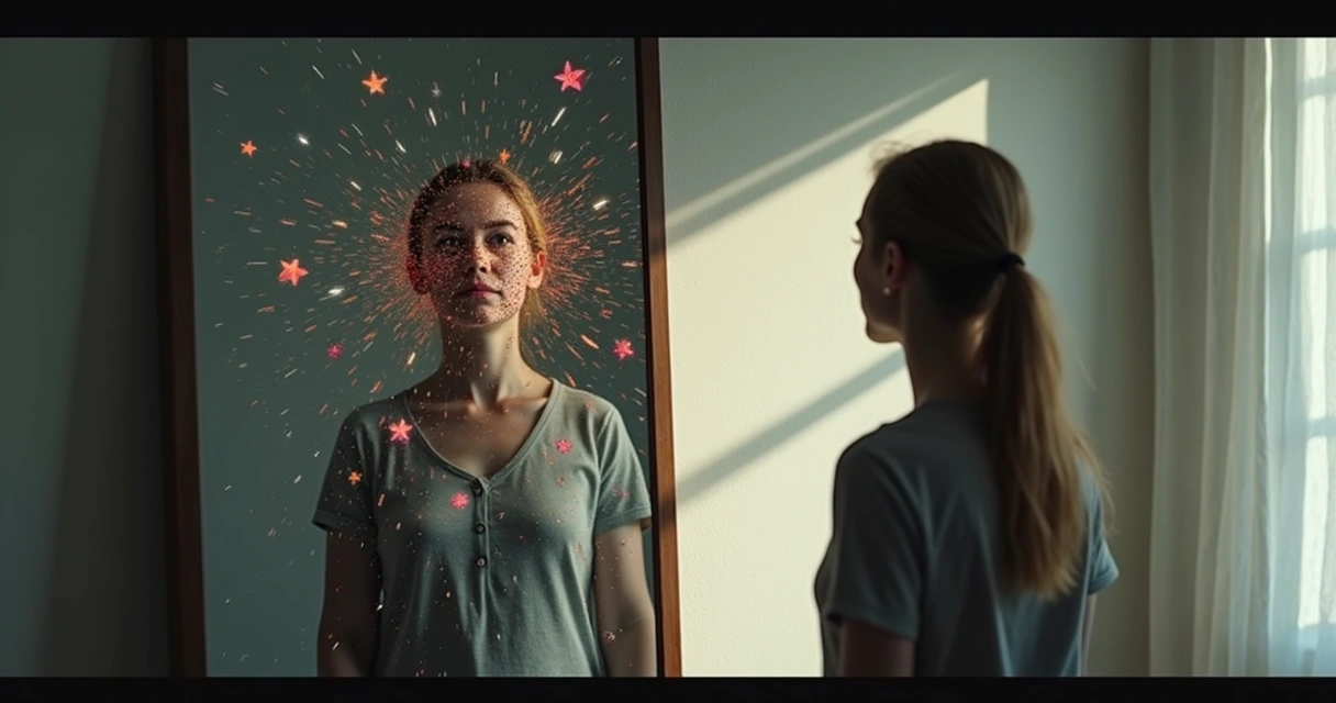 Person looking into a mirror, reflection appears fragmented 