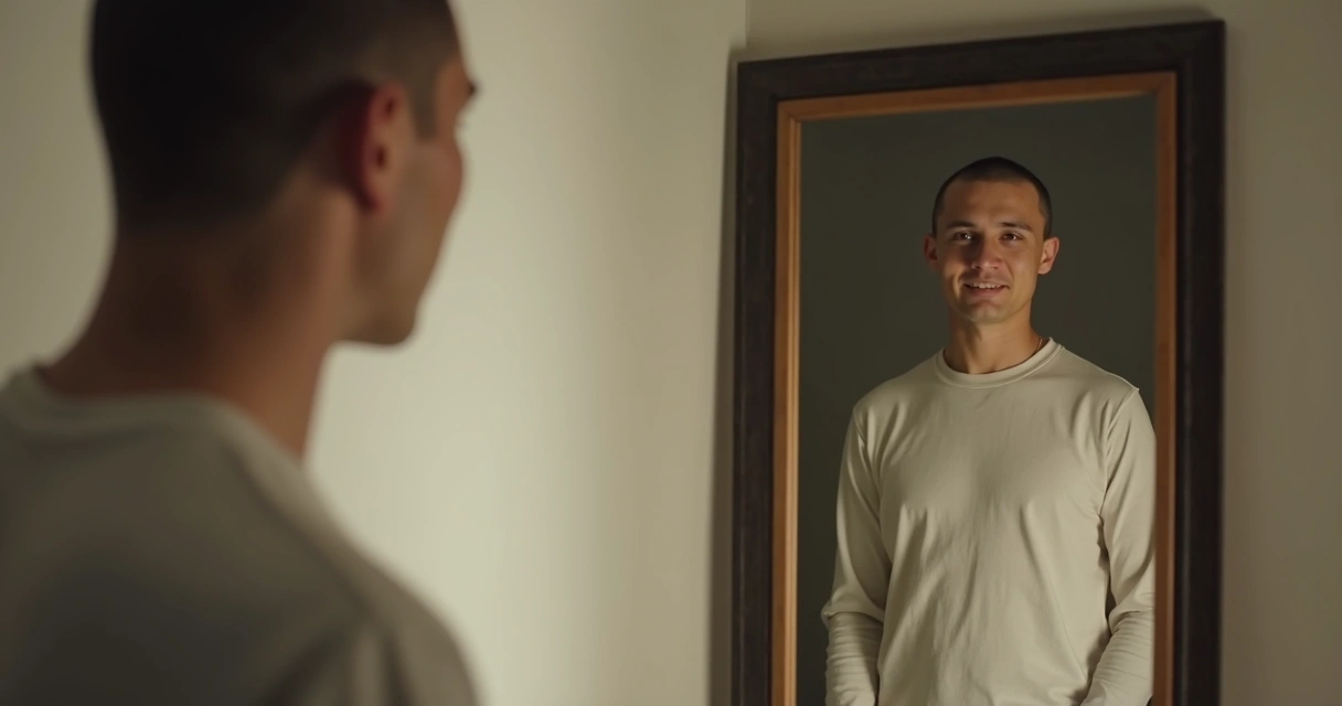 Adult reflecting on emotion in front of mirror