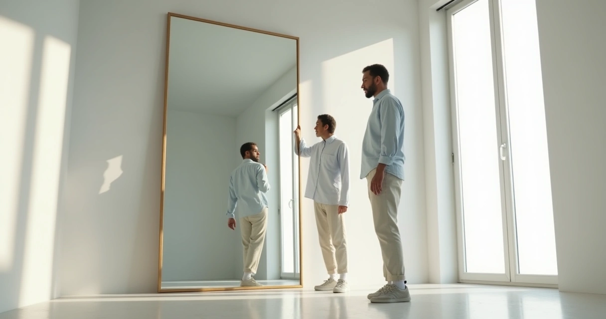 Person reflecting in front of mirror