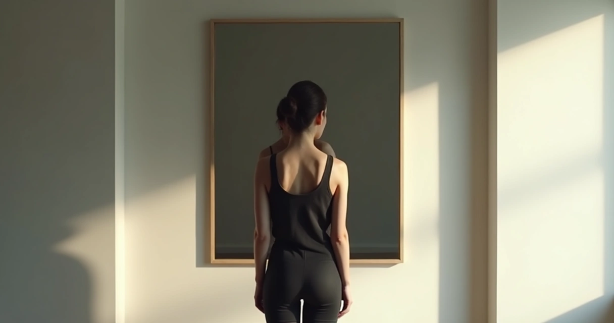 Person reflecting silently in front of a mirror 