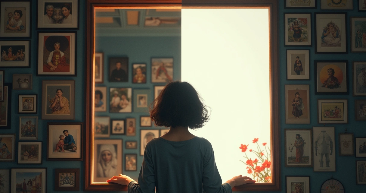 Person looking in mirror, reflecting on their identity. 