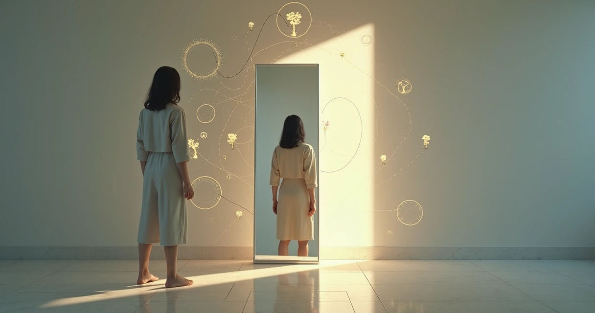 Person facing a mirror with symbolic story lines around the reflection