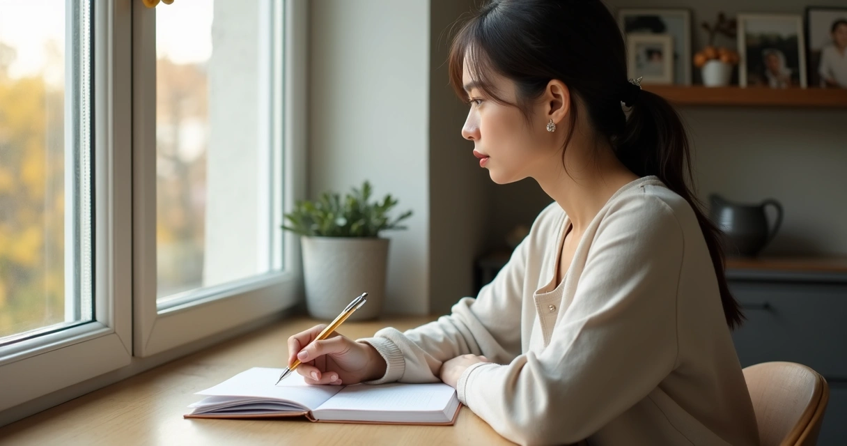 Person reflecting by a window with a notebook 