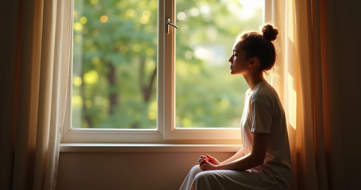 Person reflecting next to window with sunlight