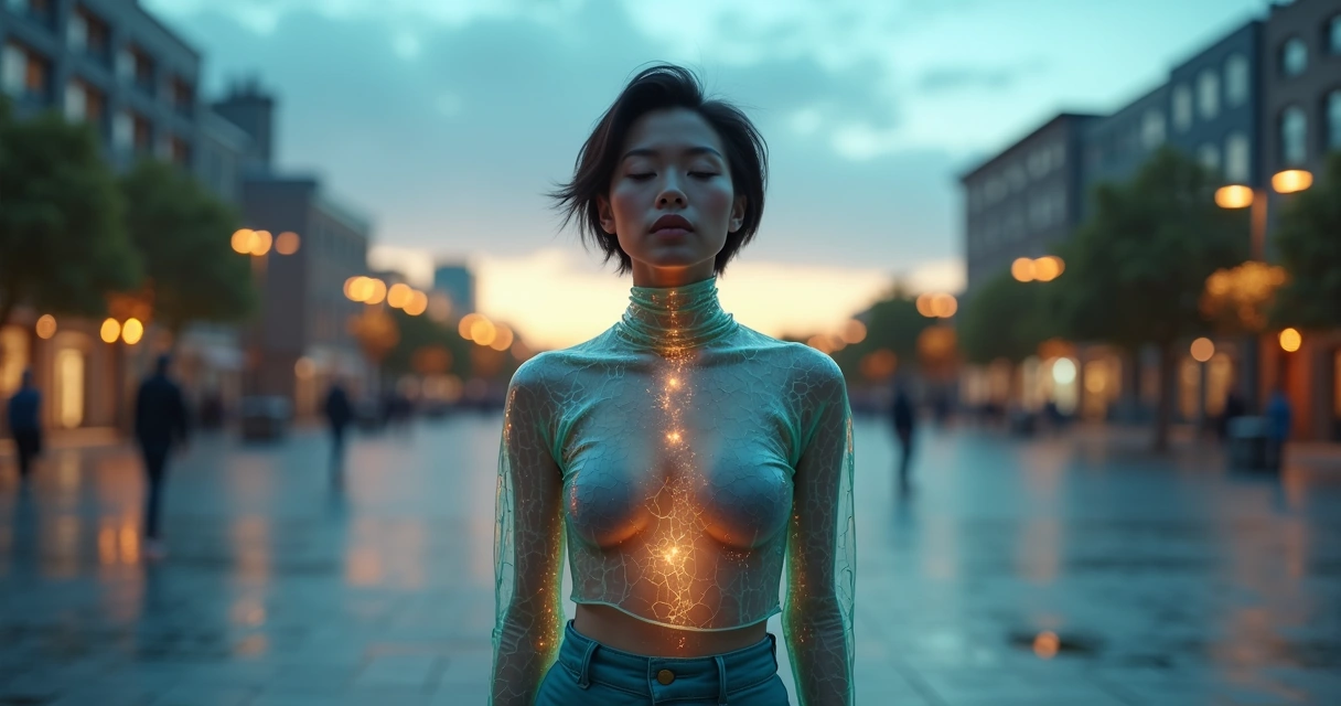 Person peeling off a translucent emotional armor revealing calmer colors underneath 
