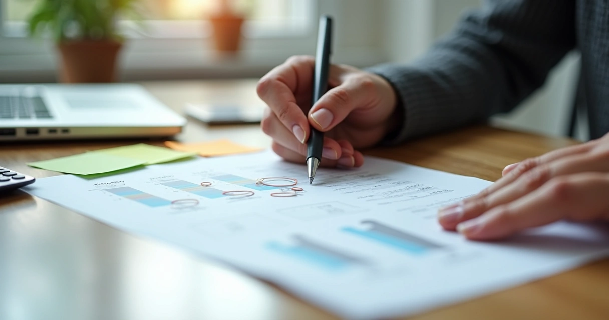 Person reviewing a budget with notes and calculator 