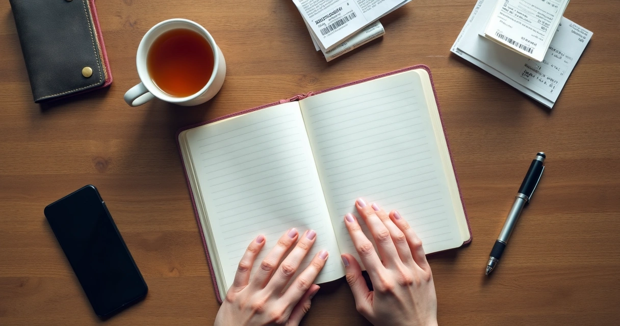 Hands reviewing a budget journal beside tea and a wallet 