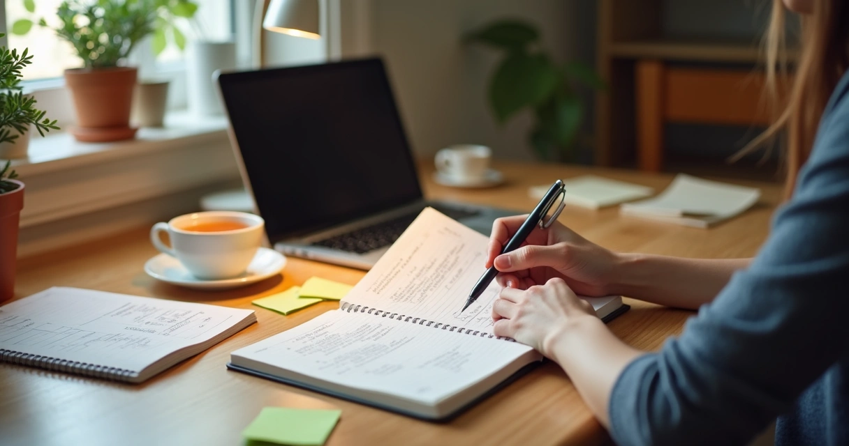 Person reviewing notes and progress in a journal at a desk