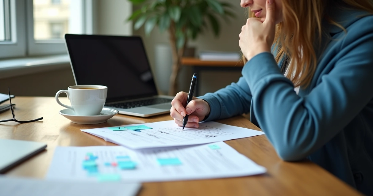 Person comparing notes and messages on a desk
