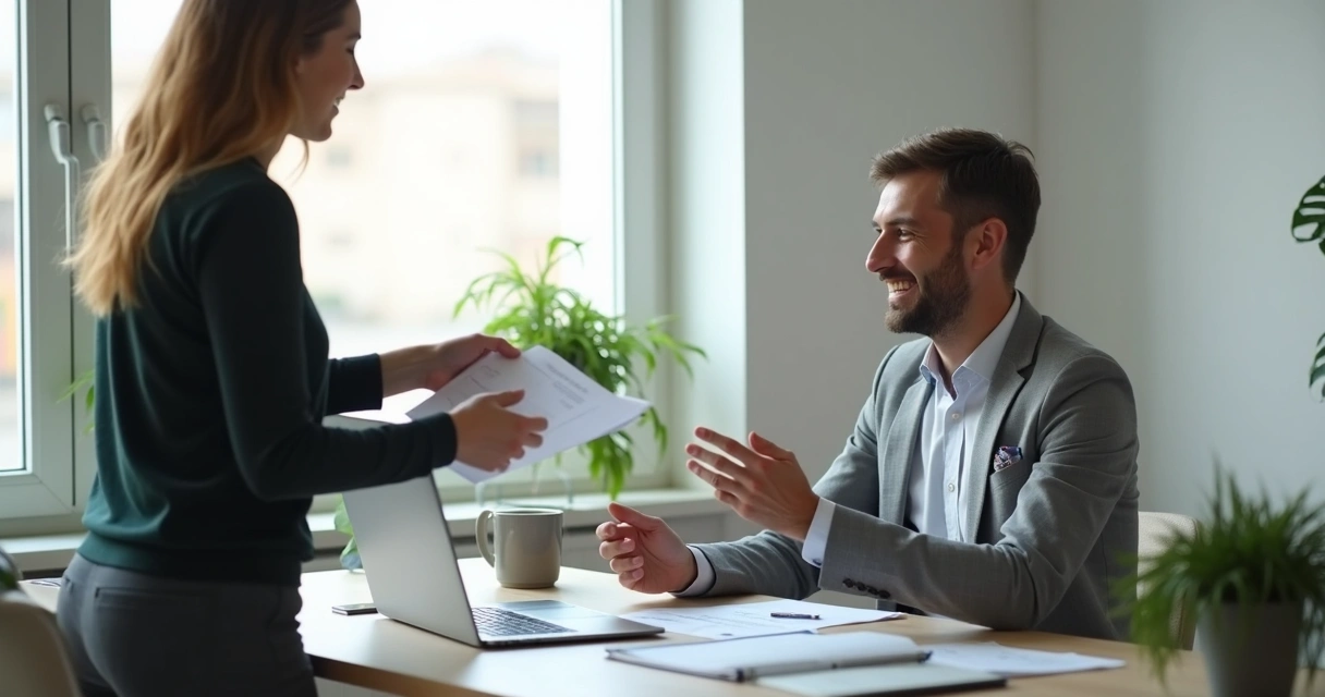 Man at desk shaking head gently at colleague with friendly smile 