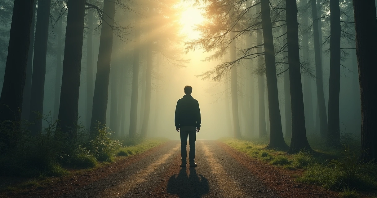 Person standing at a crossroads in a forest, multiple paths ahead 
