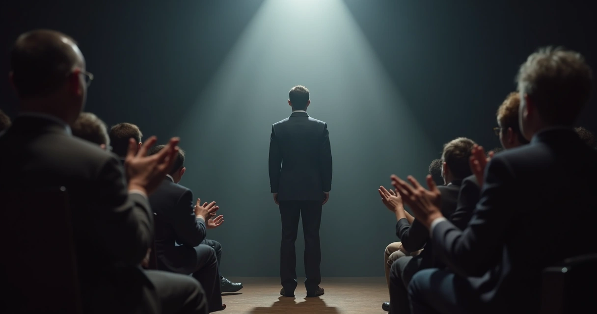 Person standing on a stage seeking applause