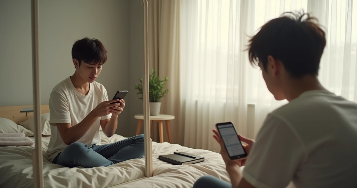 Person looking at a phone while ignoring their reflection in a mirror 