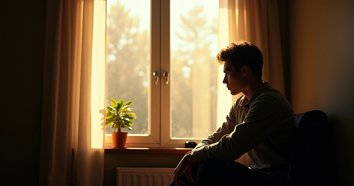 Person reflecting at window, thinking deeply with sunlight and shadow 