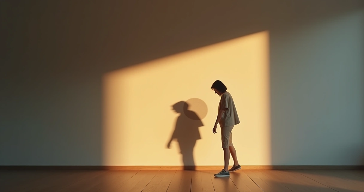 Person examining a highlighted blind spot in their cast shadow on a wall 