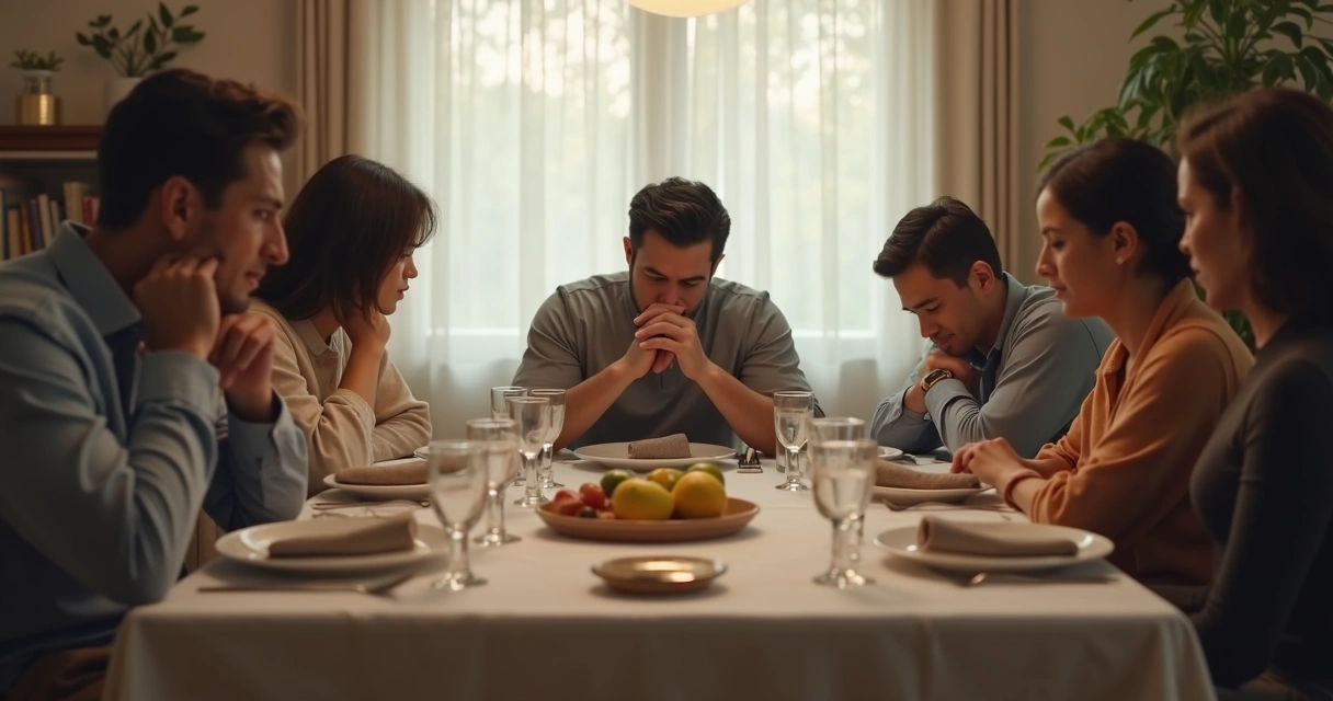 Person sitting silently at a family table during tension
