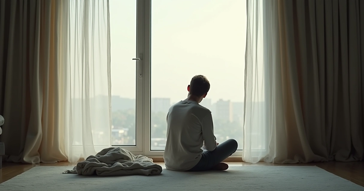 Person sitting by a window in quiet reflection 