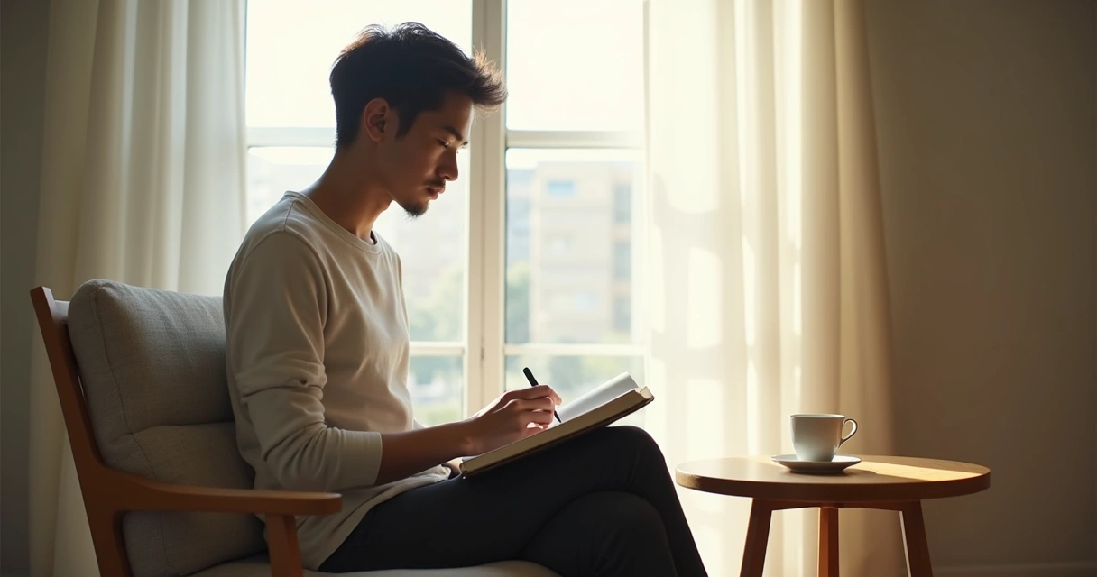 Person sitting with a journal in a quiet room 