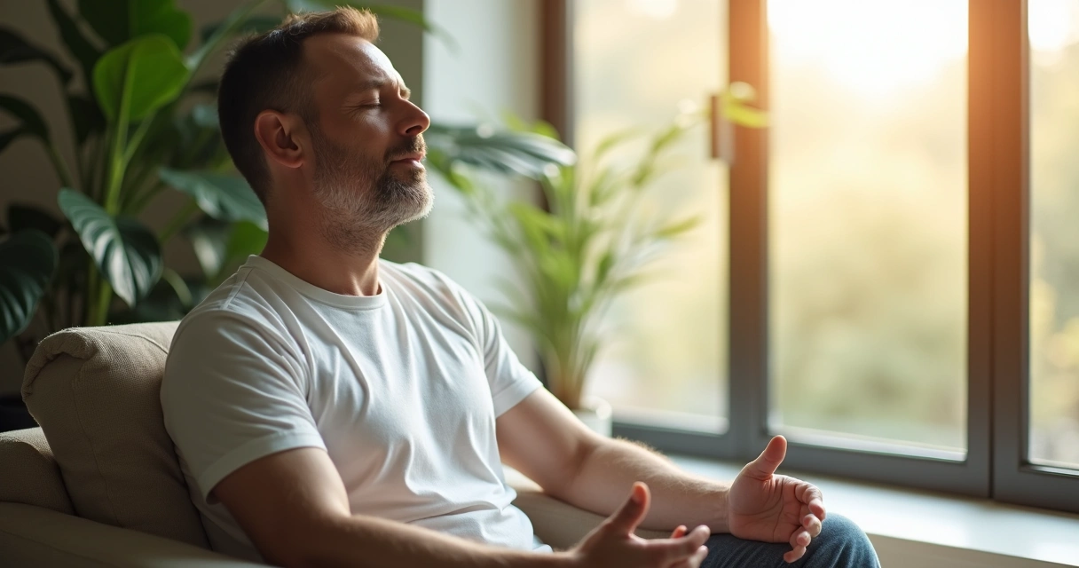 Person practicing slow breathing by a window
