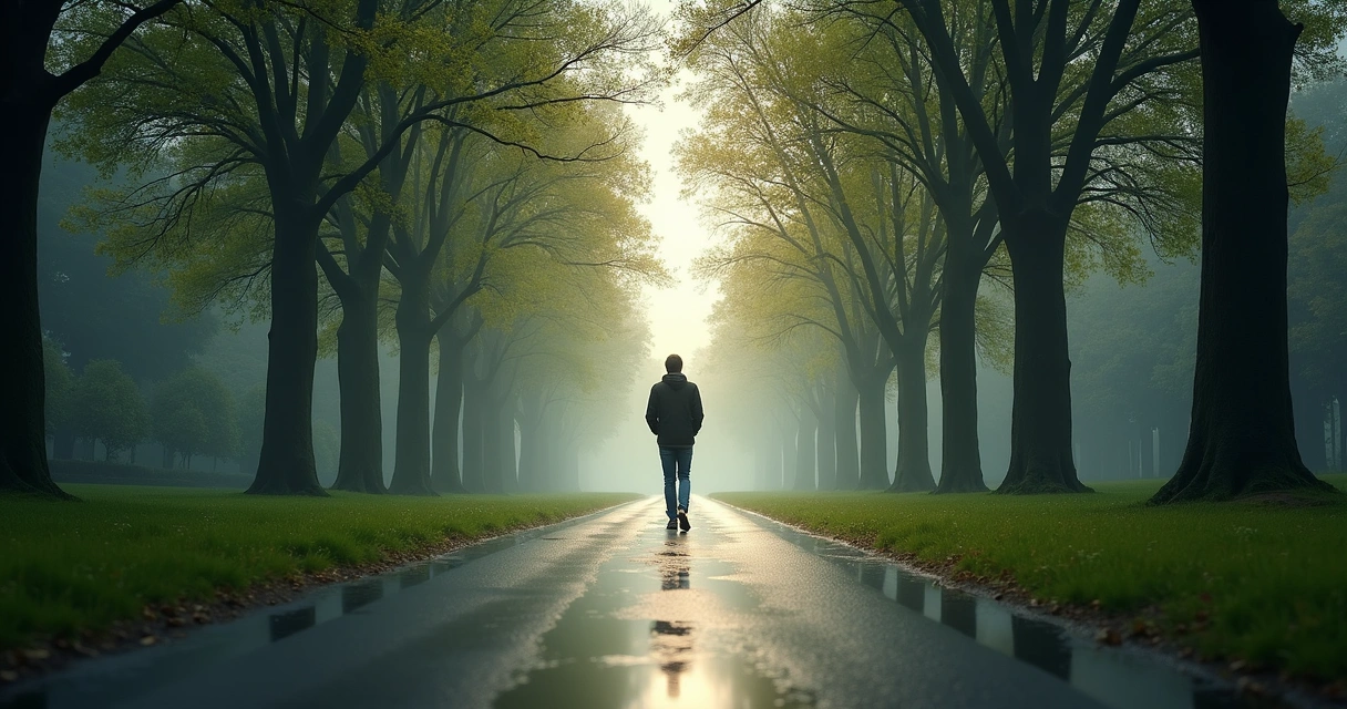 Person standing on a quiet path after rain