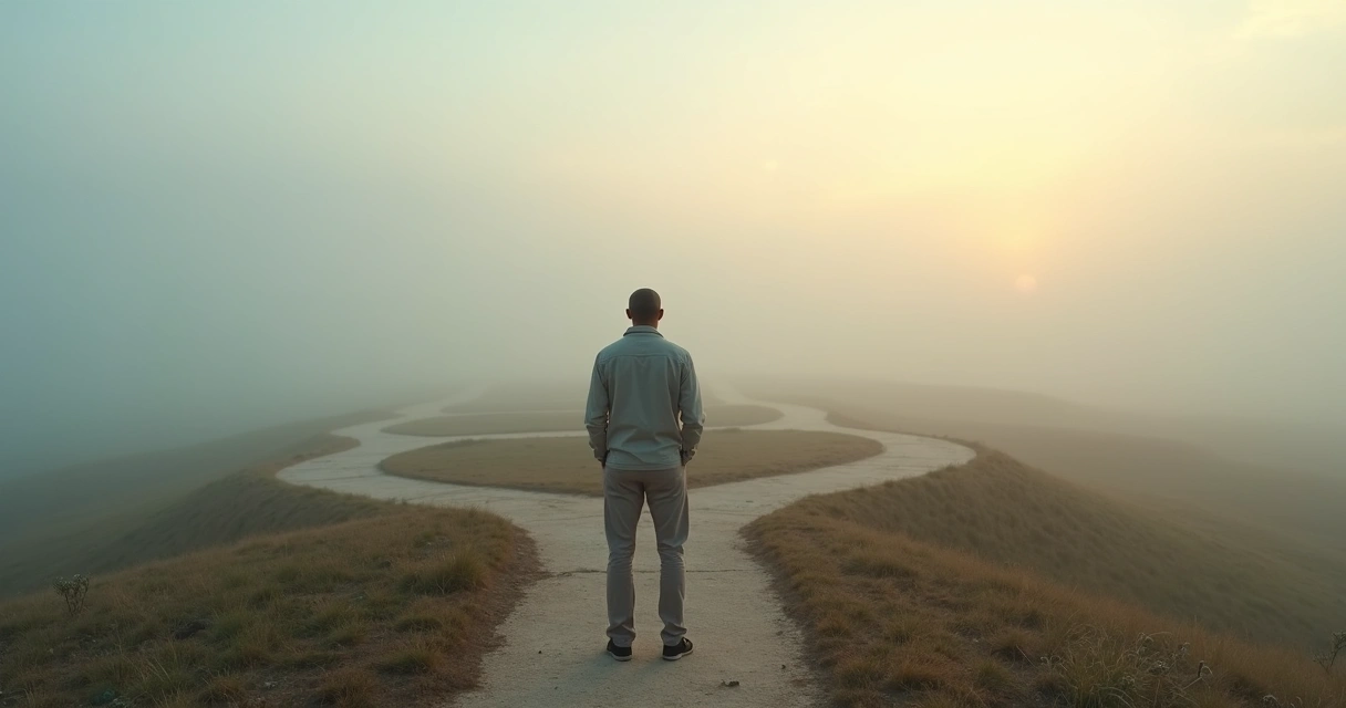 Person standing at a crossroads in a foggy landscape 
