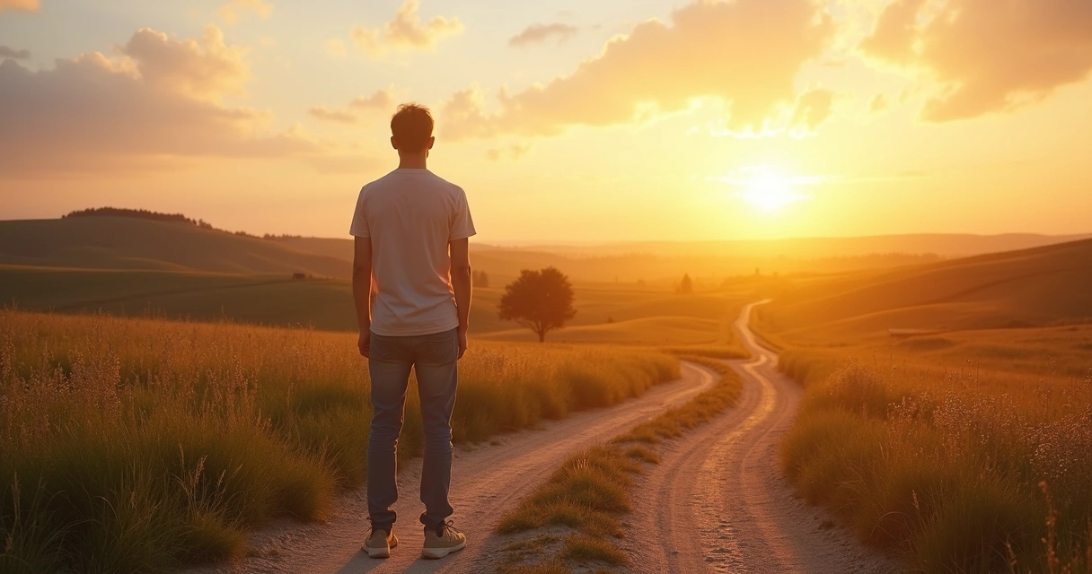 Person standing at a crossroads at sunrise with paths leading toward a bright horizon 