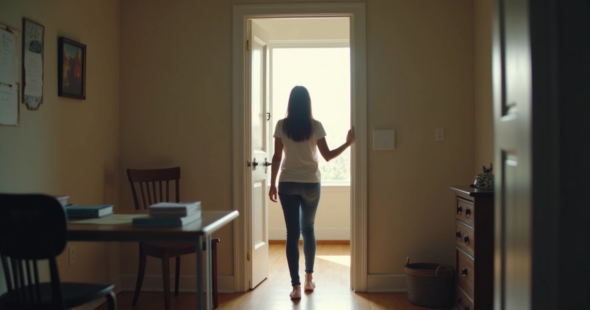 Person pausing at a doorway before taking a step forward