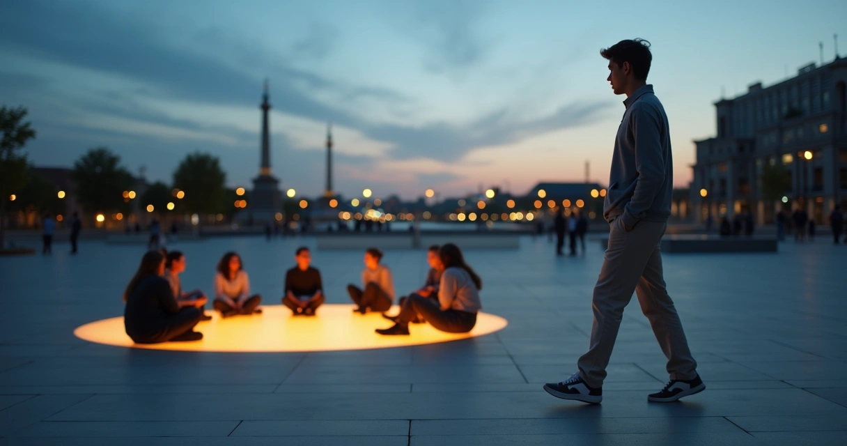 Person stepping away from a glowing circle of people at dusk 