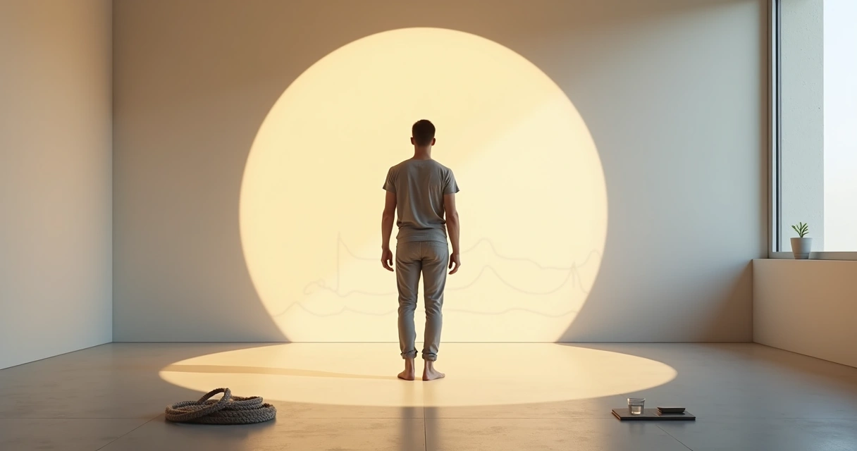 Person standing with one foot in shadow and one in light zone on floor 