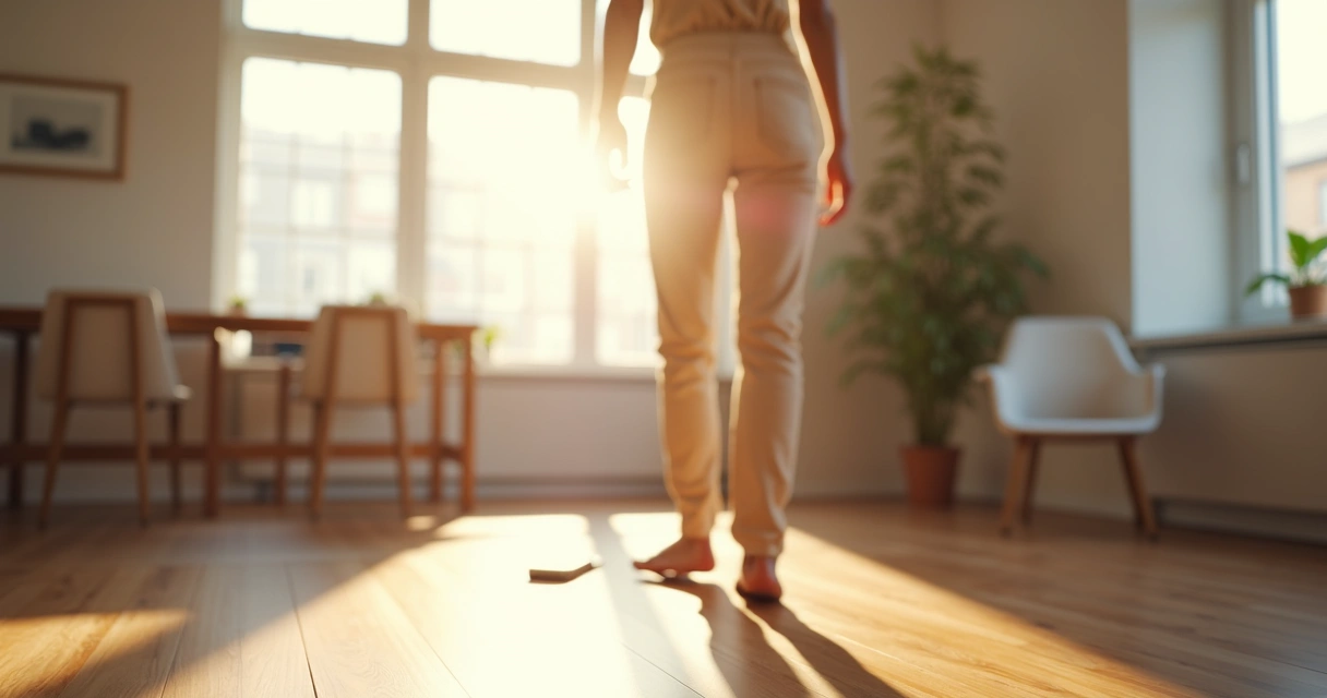 Person taking a small step forward inside a bright open room 