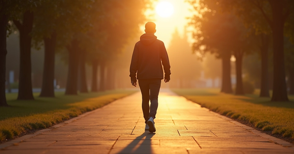 Person taking a first step on a quiet path at sunrise