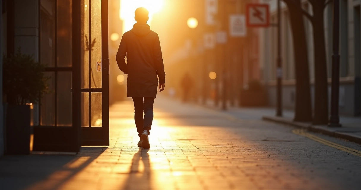 Person stepping from shadow into morning light