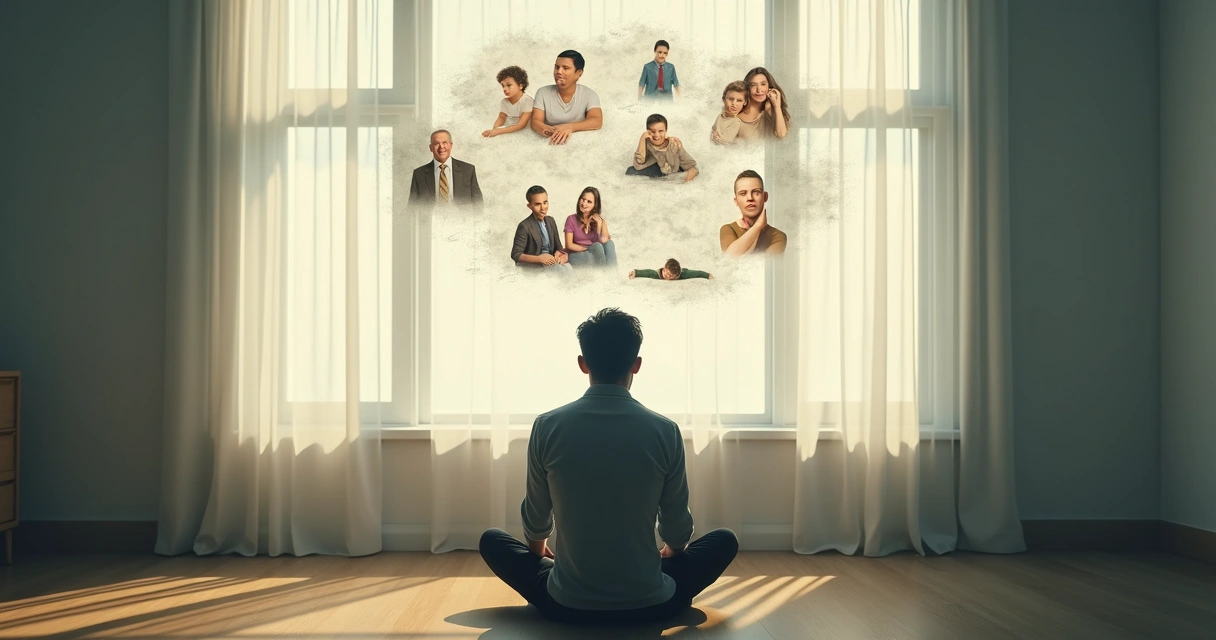 Person thinking and visualizing memories and life events 