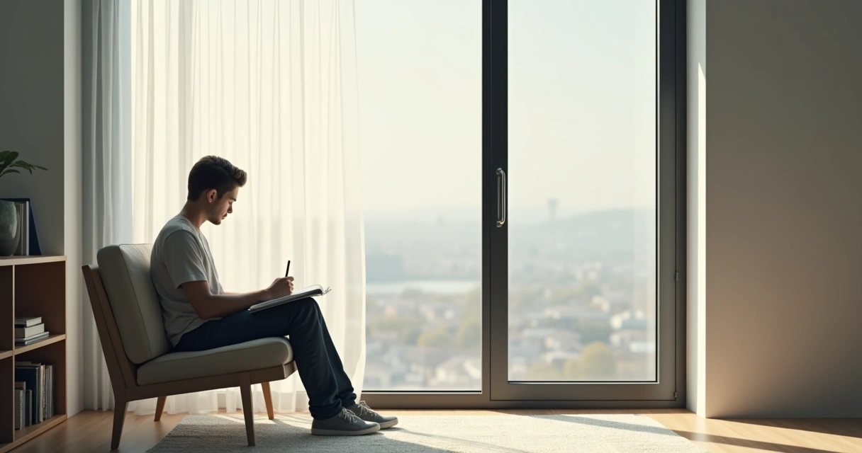 Person sitting by a window in quiet reflection 