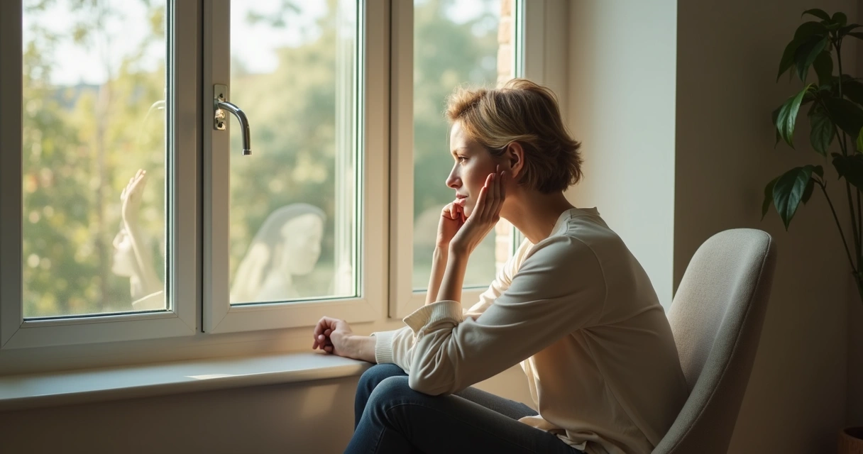Person looking out a window, appearing deep in thought