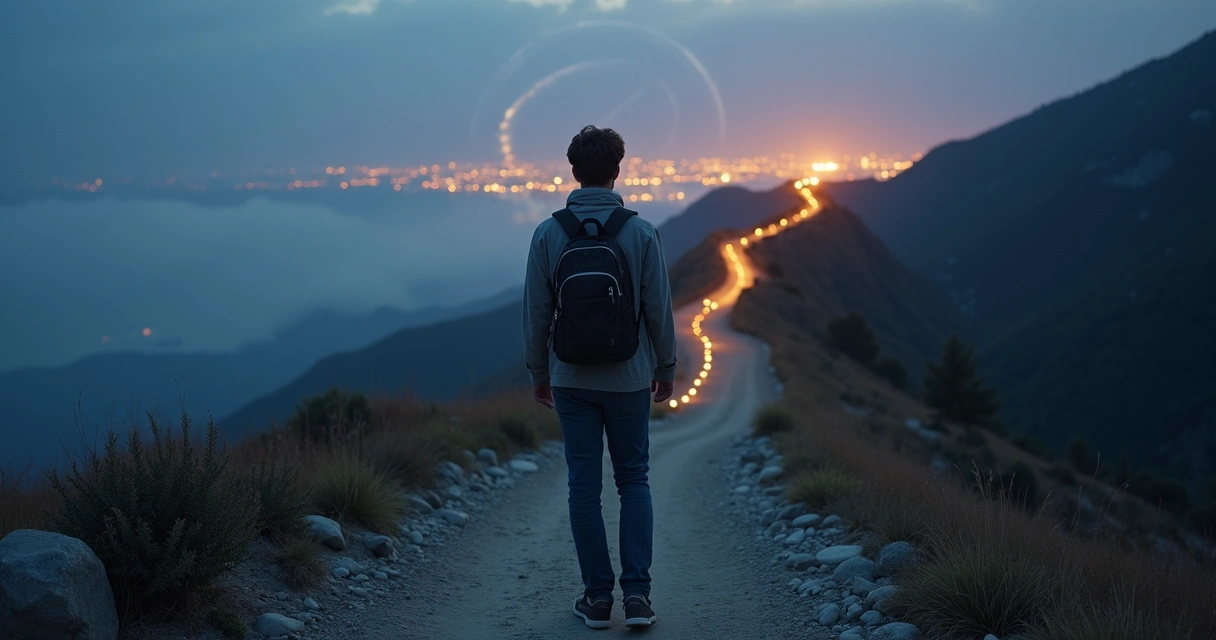 Person at mountain fork viewing distant city lights and compass overlay 