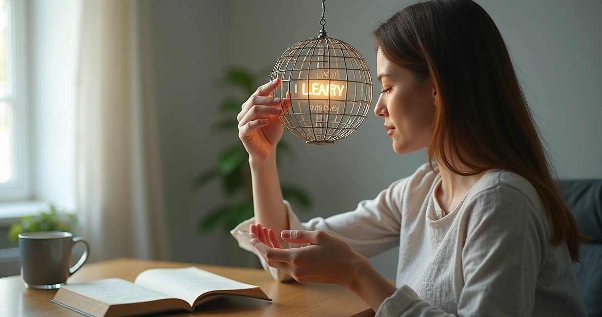 Person opening a small cage of negative words around their head 