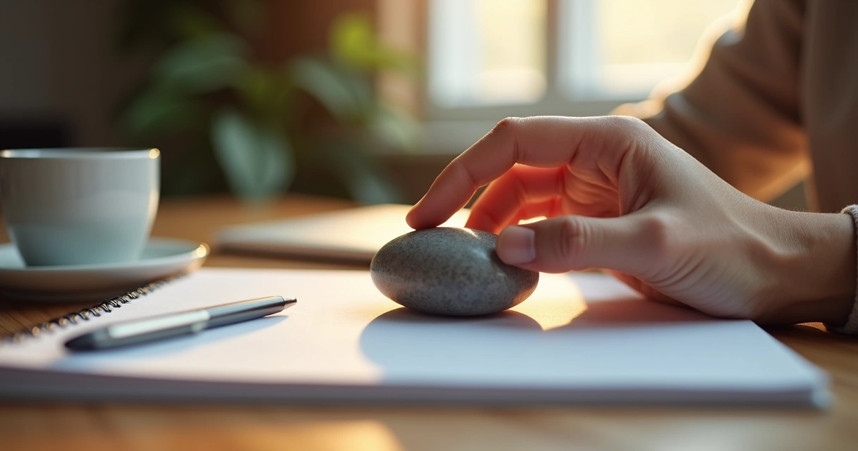 Hand holding a smooth stone on a desk