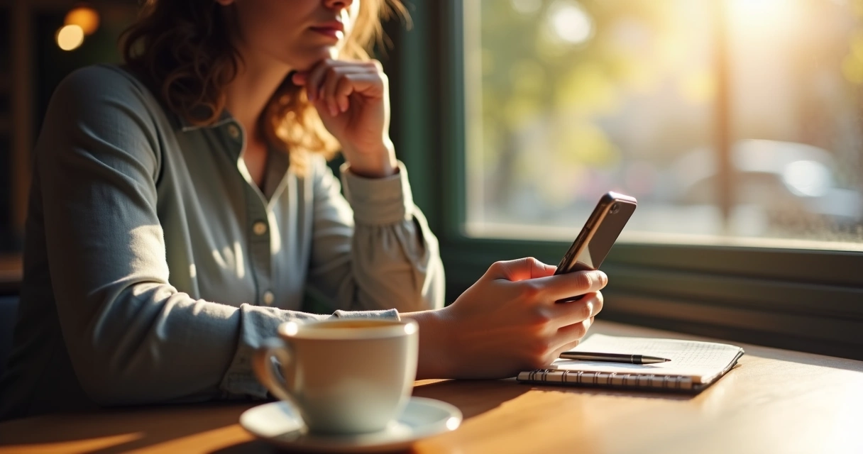 Person looking at smartphone thoughtfully 