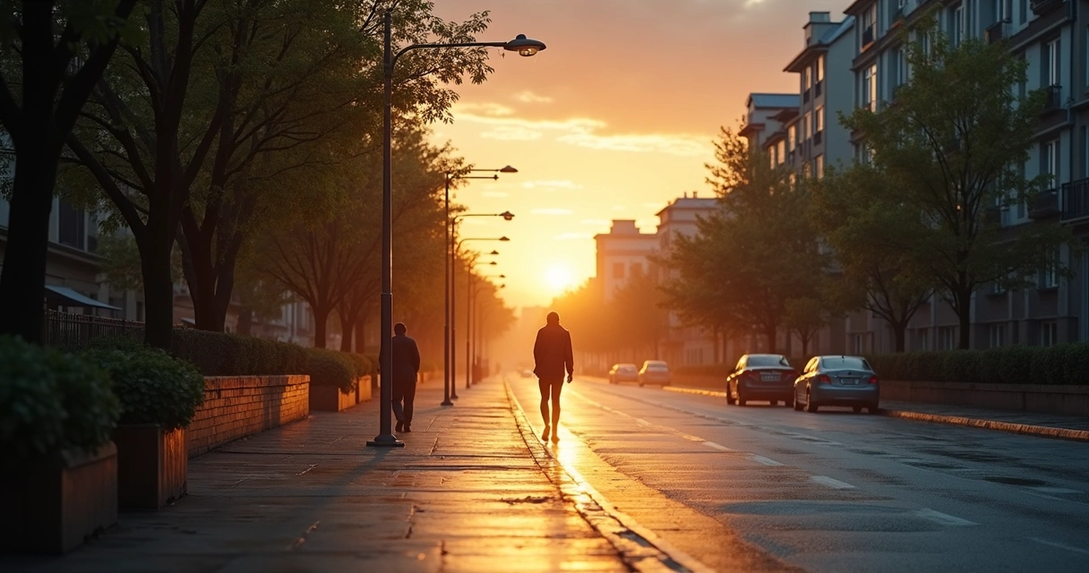 Person walking on a quiet street after rain at sunrise 