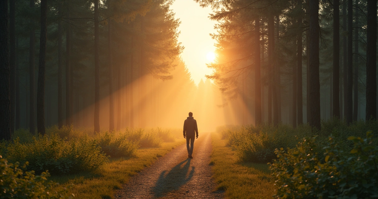 Person walking alone on a calm forest path at sunrise