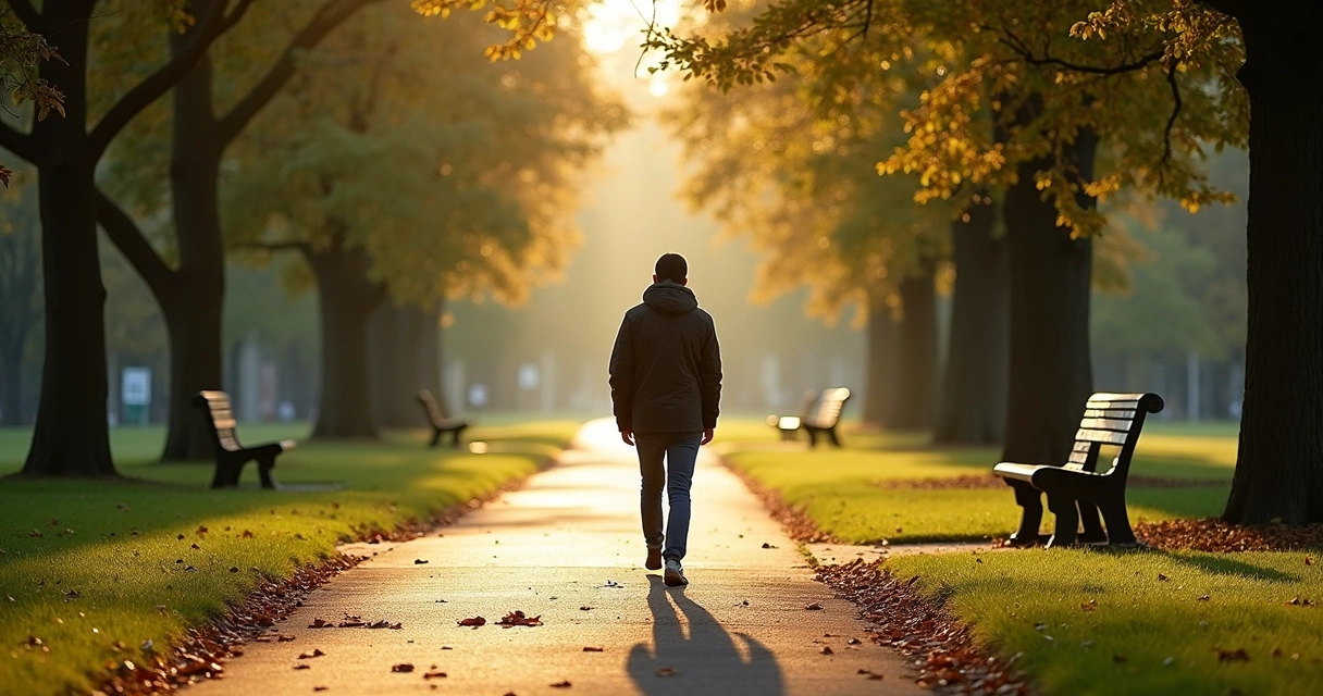 Person walking alone on a quiet park path 