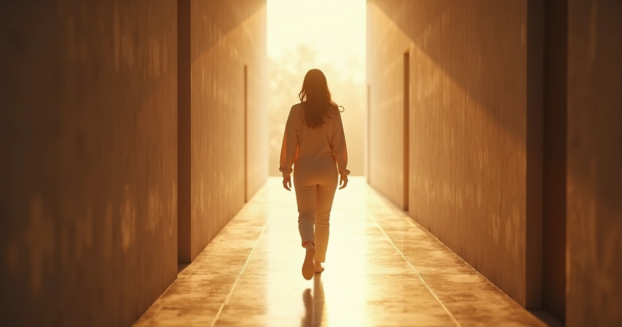Person walking toward light through a quiet hallway